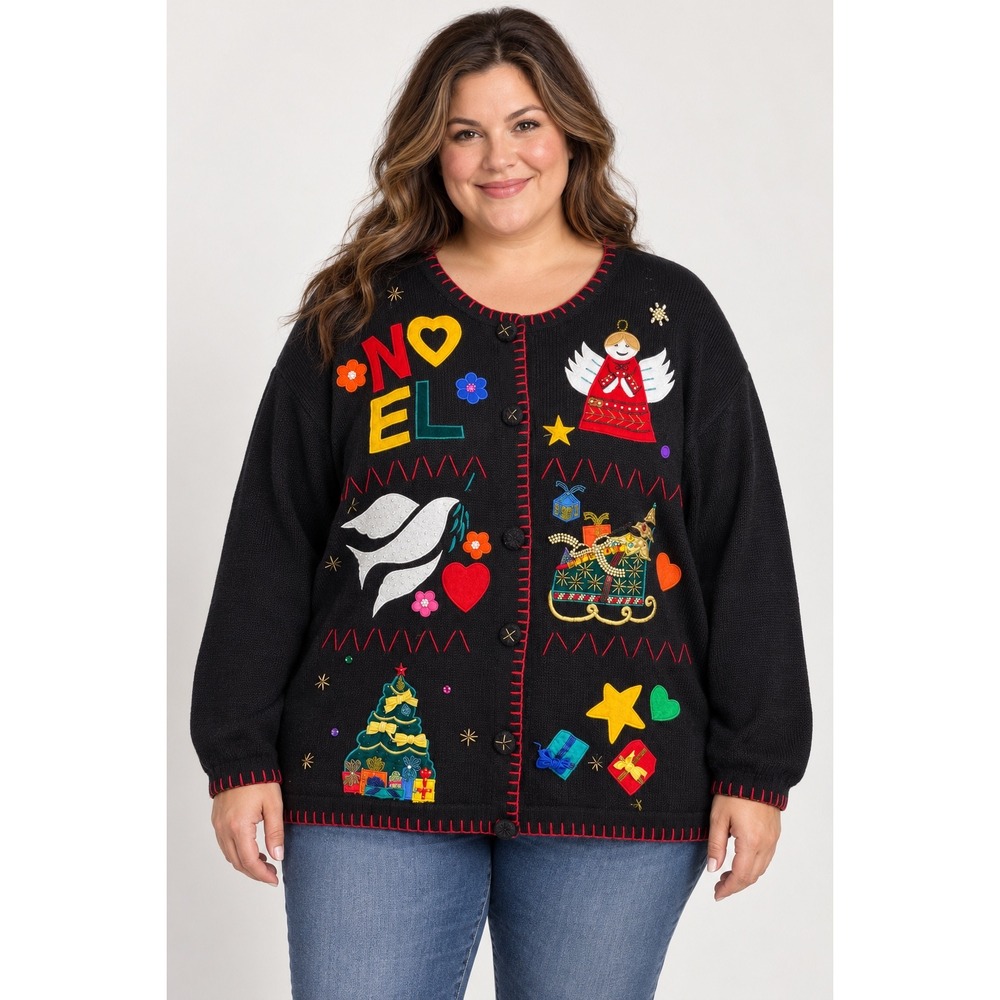 Victoria Woman Cardigan Women 2X Black Christmas Noel Angel Embroidered Sweater
